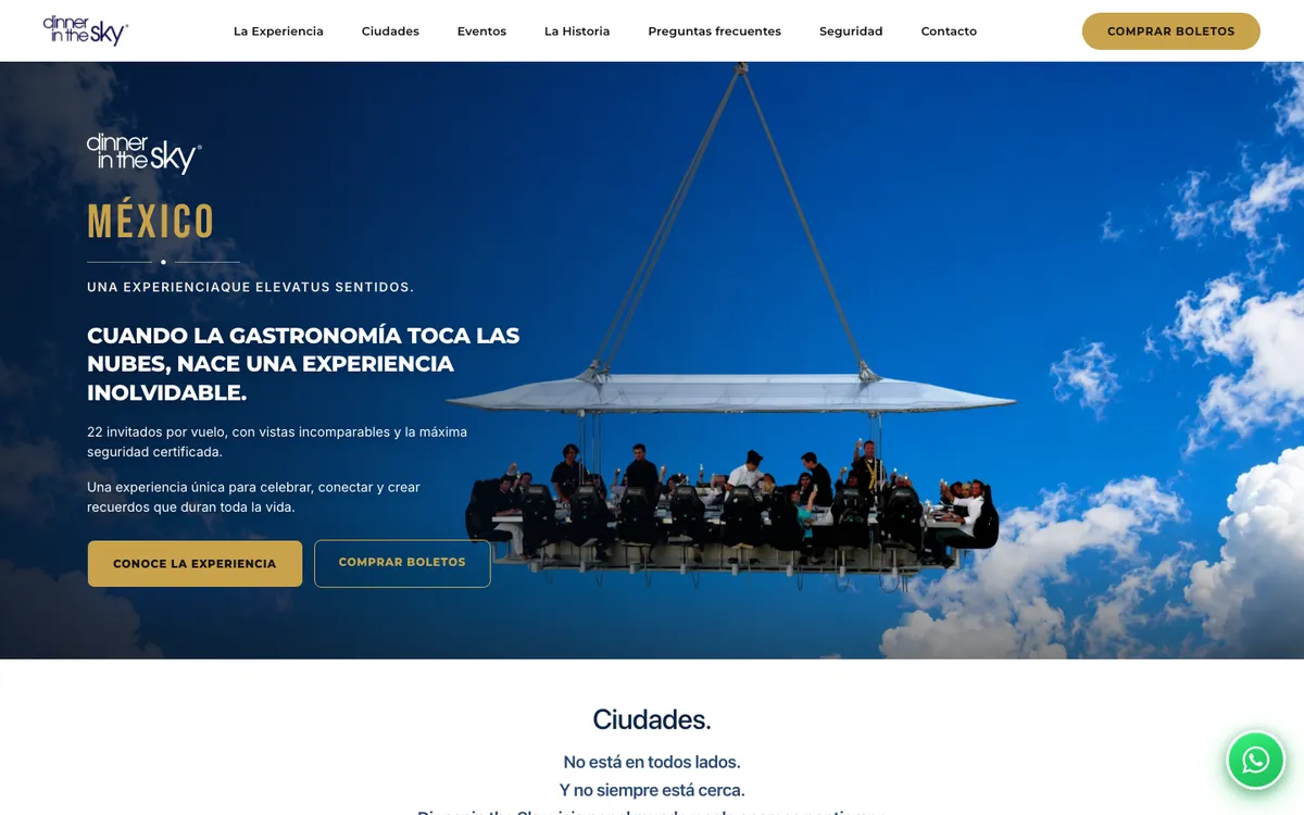 Página de inicio del sitio de Dinner in the Sky México